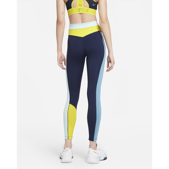 Nike Women's One Dri-Fit Sportswear Mid Rise Gym Yellow Blue 7/8 Leggings Pants - Picture 2 of 4